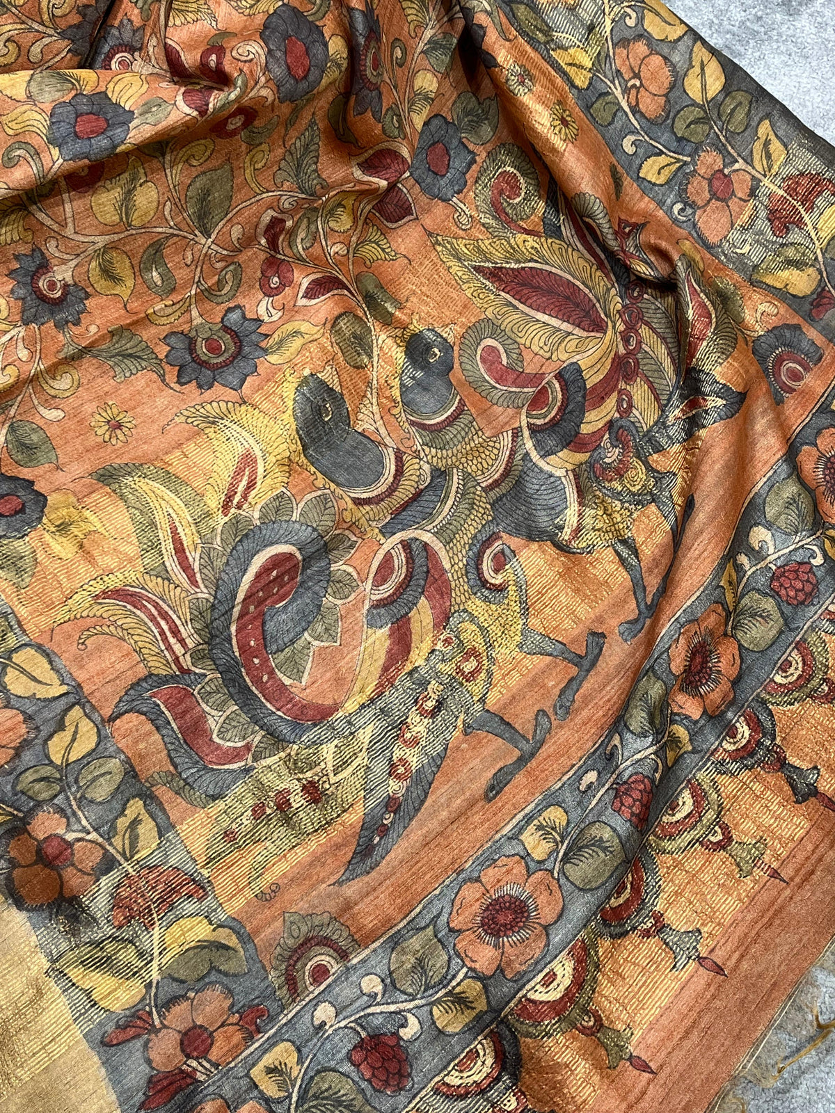 ORANGE TASSAR PURE HANDLOOM KALAMKARI SAREE