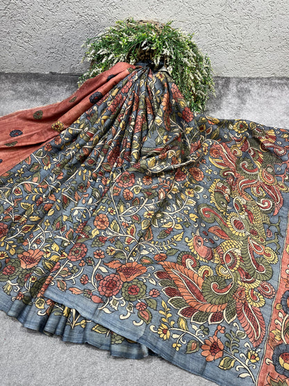 BLUE TASSAR PURE HANDLOOM KALAMKARI SAREE