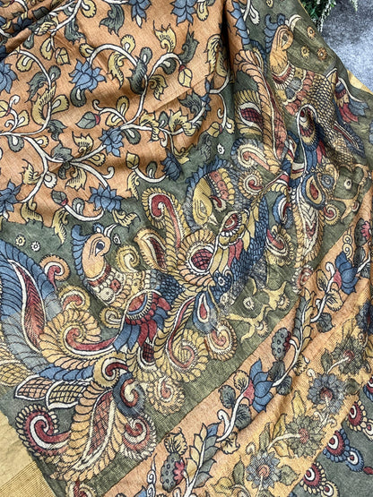 MUSTRAD PEACH TASSAR PURE HANDLOOM KALAMKARI SAREE