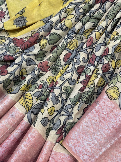 BEIGE LINEN PURE HANDLOOM KALAMKARI SAREE