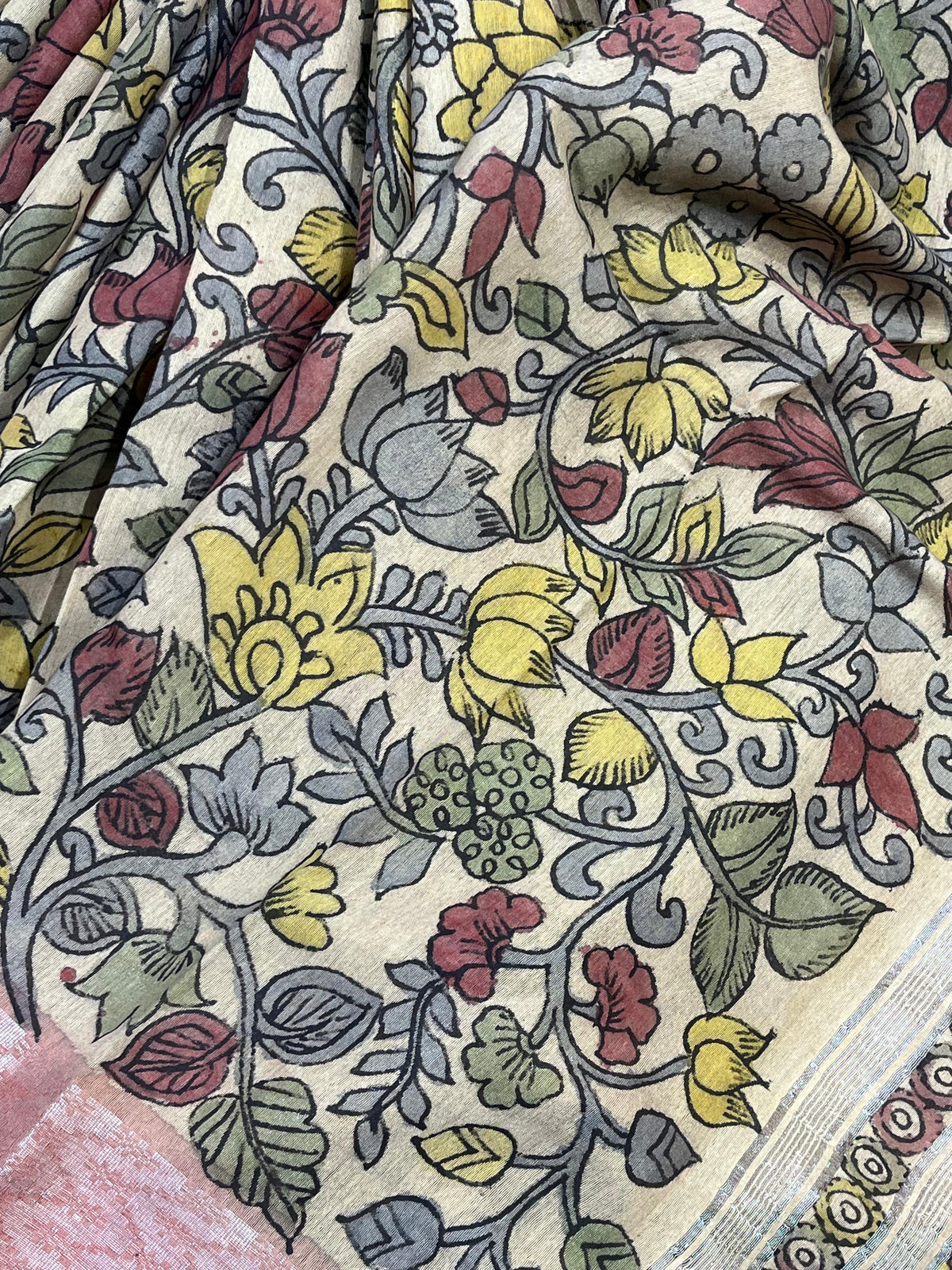 BEIGE LINEN PURE HANDLOOM KALAMKARI SAREE