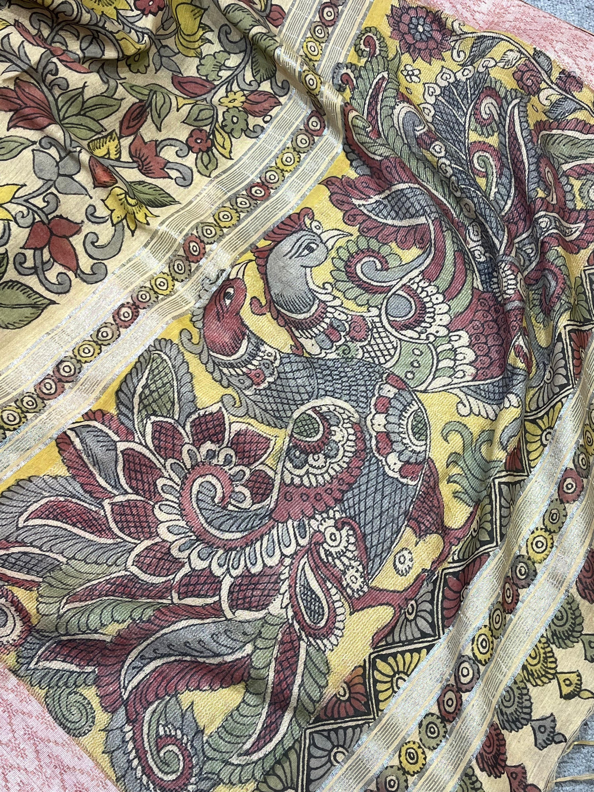 BEIGE LINEN PURE HANDLOOM KALAMKARI SAREE