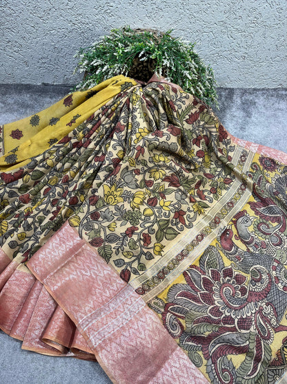 BEIGE LINEN PURE HANDLOOM KALAMKARI SAREE