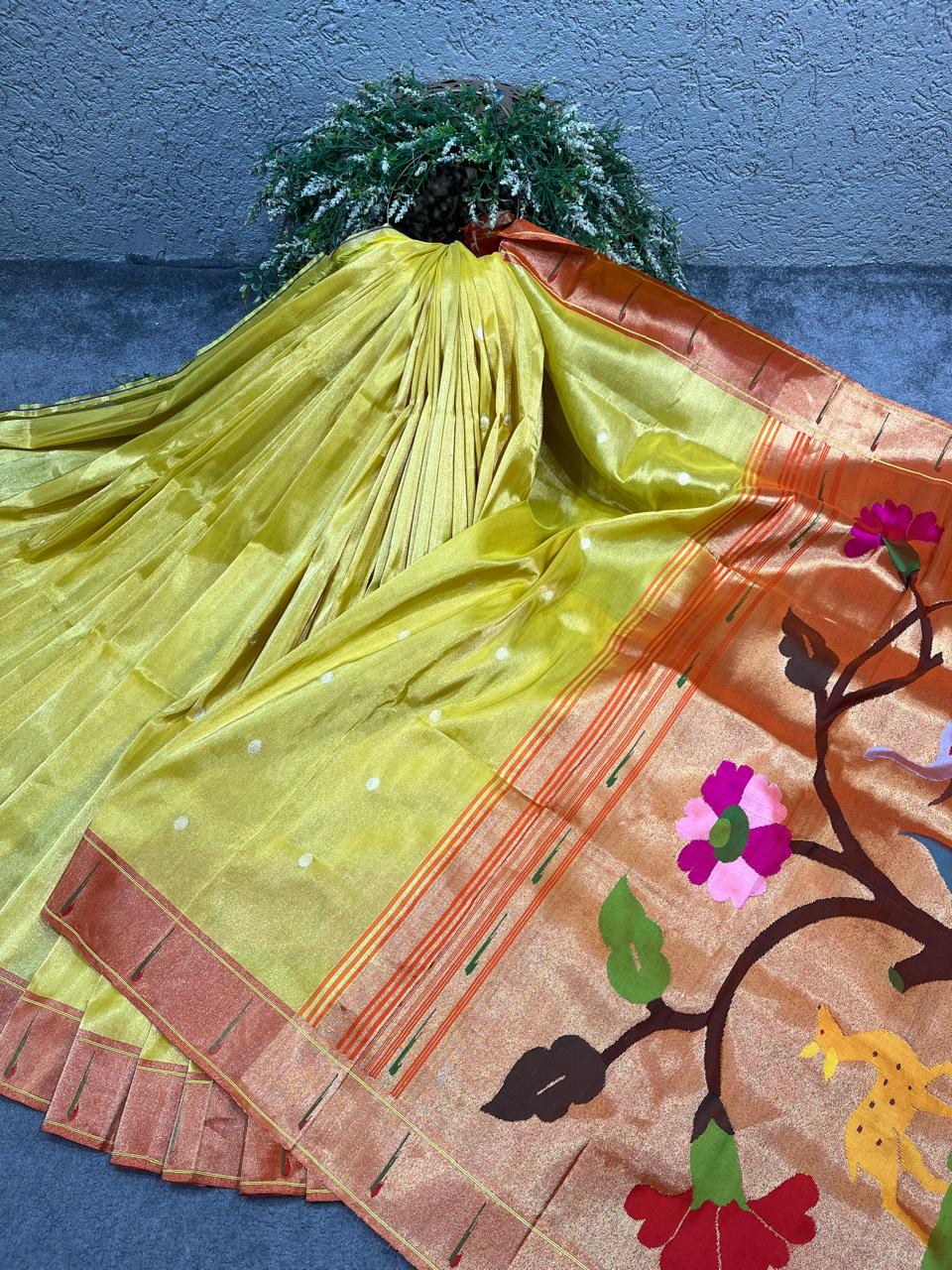 LIME YELLOW TISSUE SILK PURE HANDLOOM PAITHANI SAREE