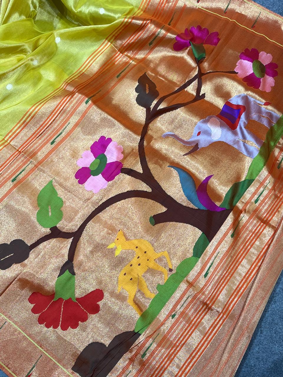 LIME YELLOW TISSUE SILK PURE HANDLOOM PAITHANI SAREE