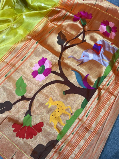 LIME YELLOW TISSUE SILK PURE HANDLOOM PAITHANI SAREE
