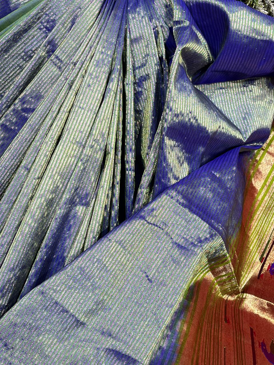 TWO TONE BLUE TISSUE SILK PURE HANDLOOM PAITHANI SAREE