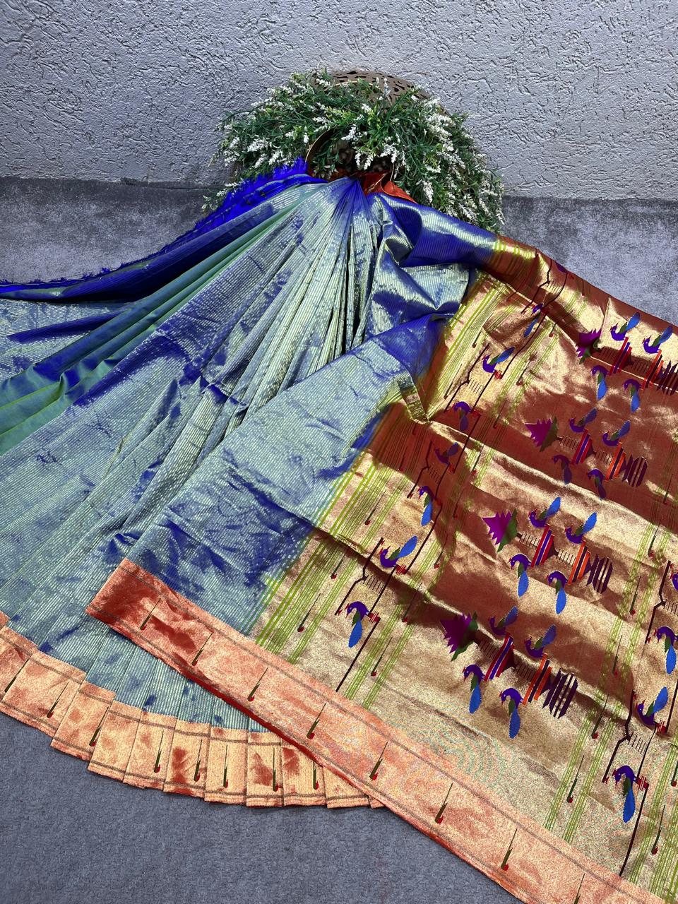 TWO TONE BLUE TISSUE SILK PURE HANDLOOM PAITHANI SAREE