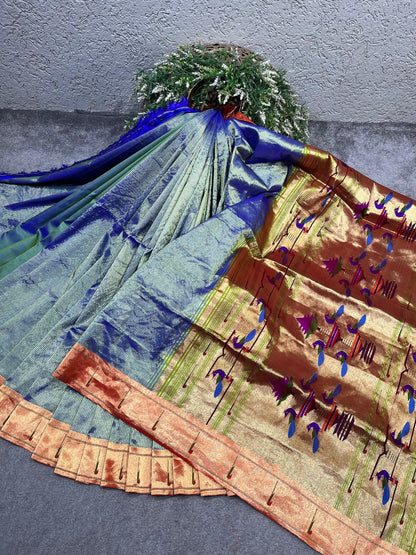 TWO TONE BLUE TISSUE SILK PURE HANDLOOM PAITHANI SAREE
