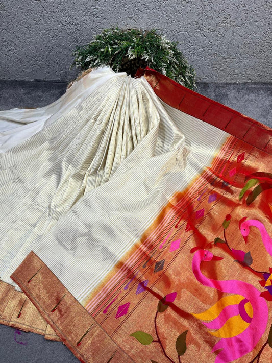 IVORY TISSUE SILK PURE HANDLOOM PAITHANI SAREE