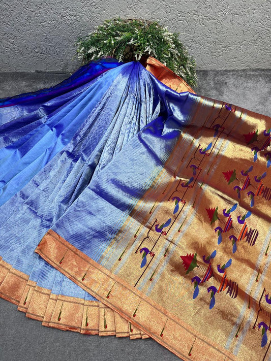 TWO TONE BLUE TISSUE SILK PURE HANDLOOM PAITHANI SAREE