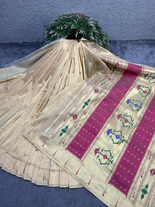 CHAMPAGNE GOLD TISSUE SILK PURE HANDLOOM PAITHANI SAREE