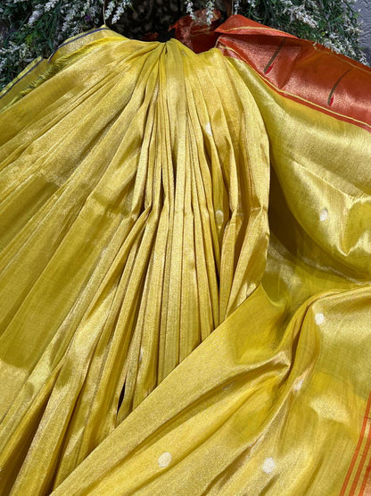 LIME YELLOW TISSUE SILK PURE HANDLOOM PAITHANI SAREE