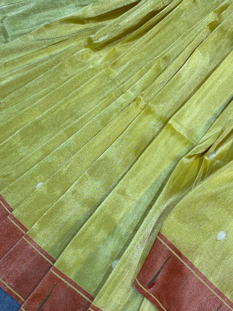 LIME YELLOW TISSUE SILK PURE HANDLOOM PAITHANI SAREE