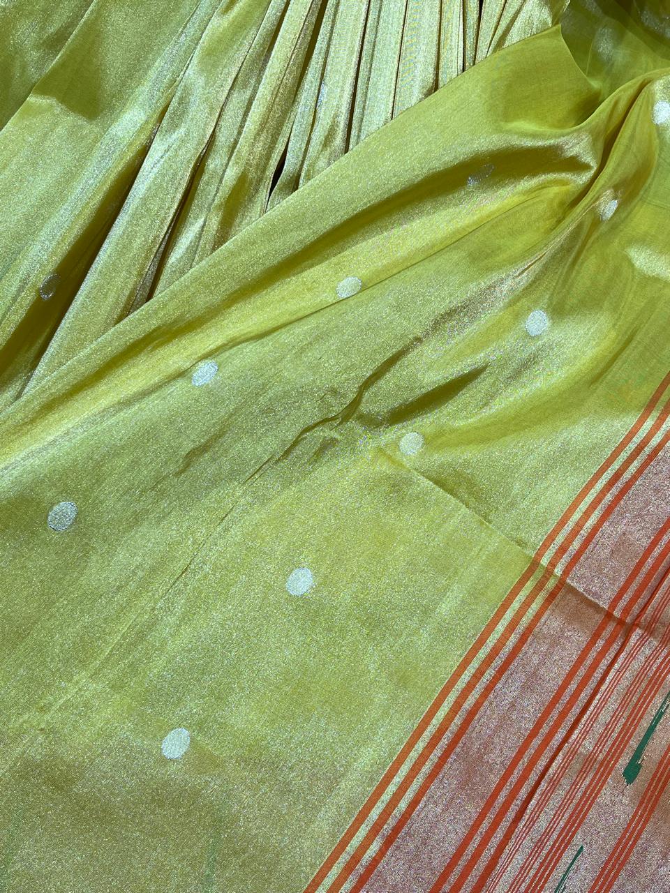 LIME YELLOW TISSUE SILK PURE HANDLOOM PAITHANI SAREE