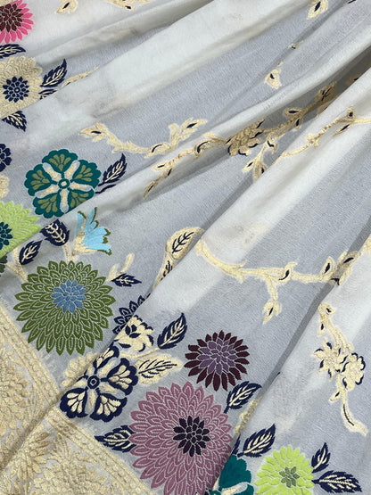IVORY CHIFFON PURE HANDLOOM BANARASI DUPATTA