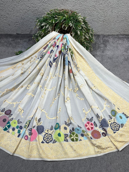 IVORY CHIFFON PURE HANDLOOM BANARASI DUPATTA
