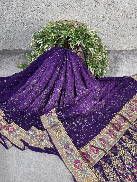 ROYAL PURPLE MOONGA SILK PURE HANDLOOM BANDHEJ SAREE