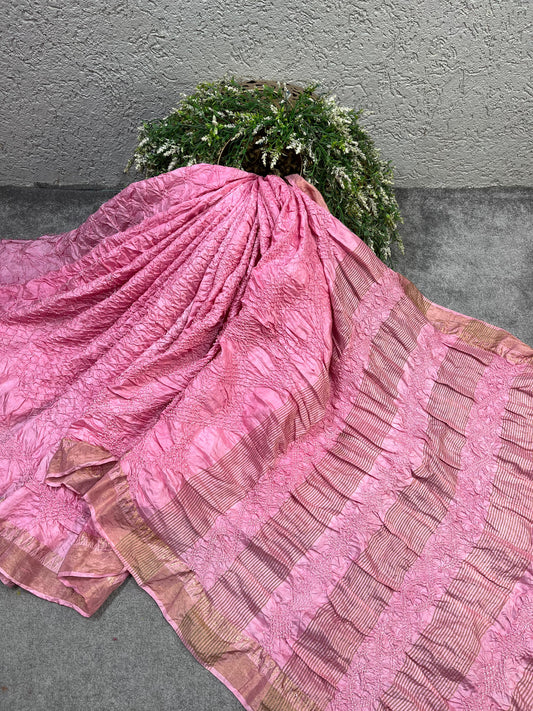 BABY PINK MULBERRY SILK PURE HANDLOOM BANDHEJ SAREE