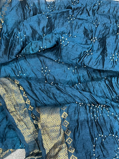 TEAL BLUE MOONGA SILK PURE HANDLOOM BANDHEJ SAREE