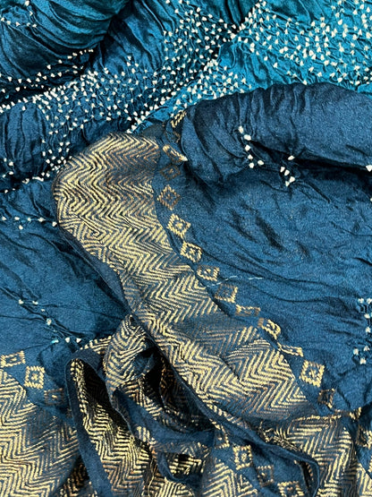 TEAL BLUE MOONGA SILK PURE HANDLOOM BANDHEJ SAREE