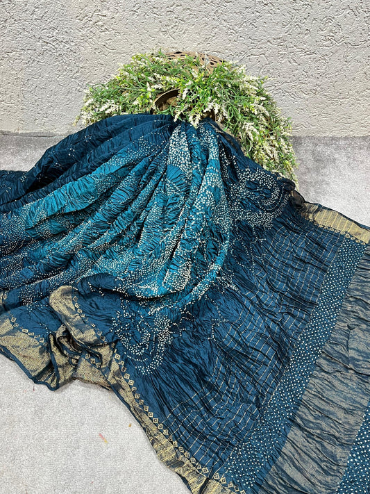 TEAL BLUE MOONGA SILK PURE HANDLOOM BANDHEJ SAREE