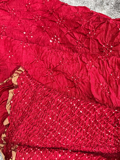 RED MOONGA SILK PURE HANDLOOM BANDHEJ SAREE