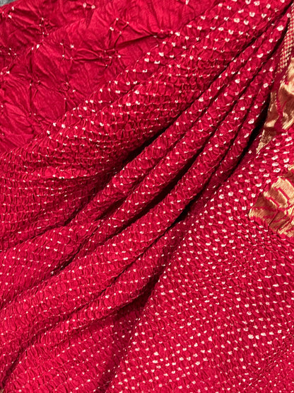 RED MOONGA SILK PURE HANDLOOM BANDHEJ SAREE