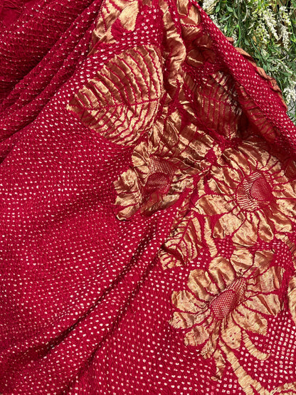 RED MOONGA SILK PURE HANDLOOM BANDHEJ SAREE
