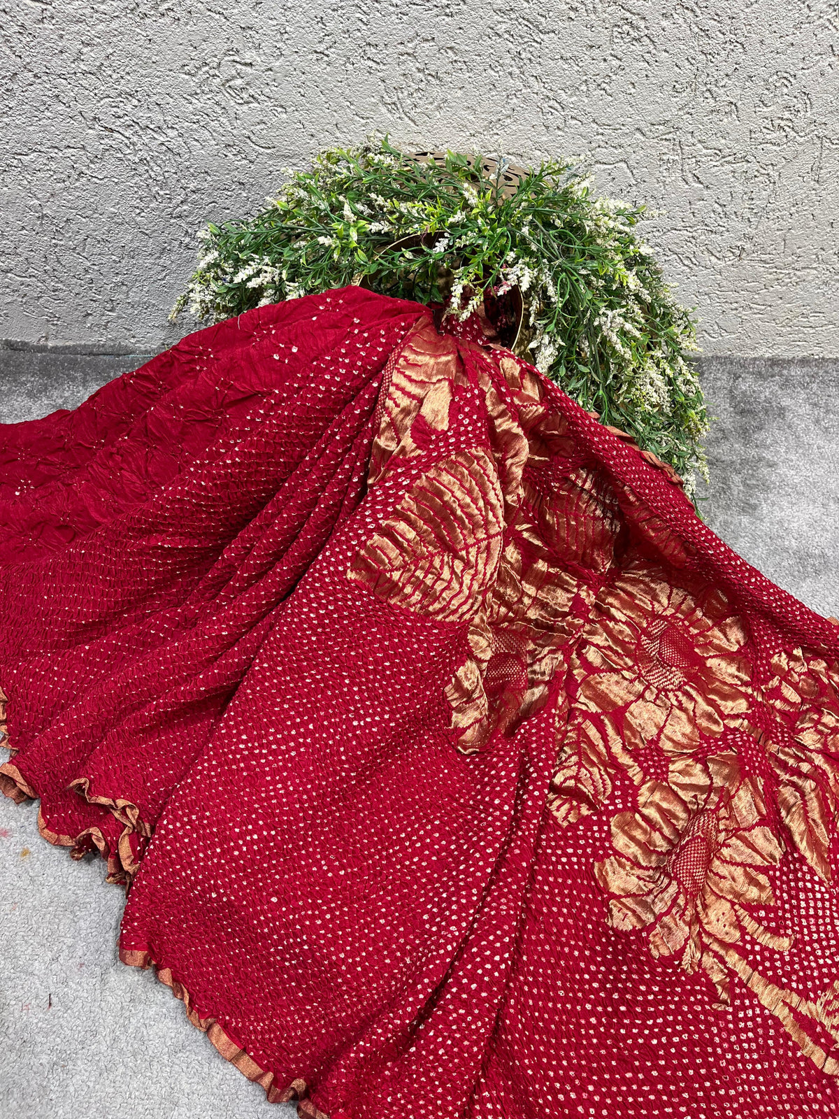 RED MOONGA SILK PURE HANDLOOM BANDHEJ SAREE