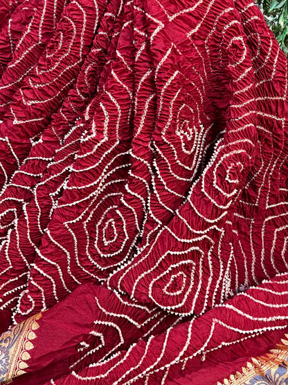 DEEP MAROON MOONGA SILK PURE HANDLOOM BANDHEJ SAREE