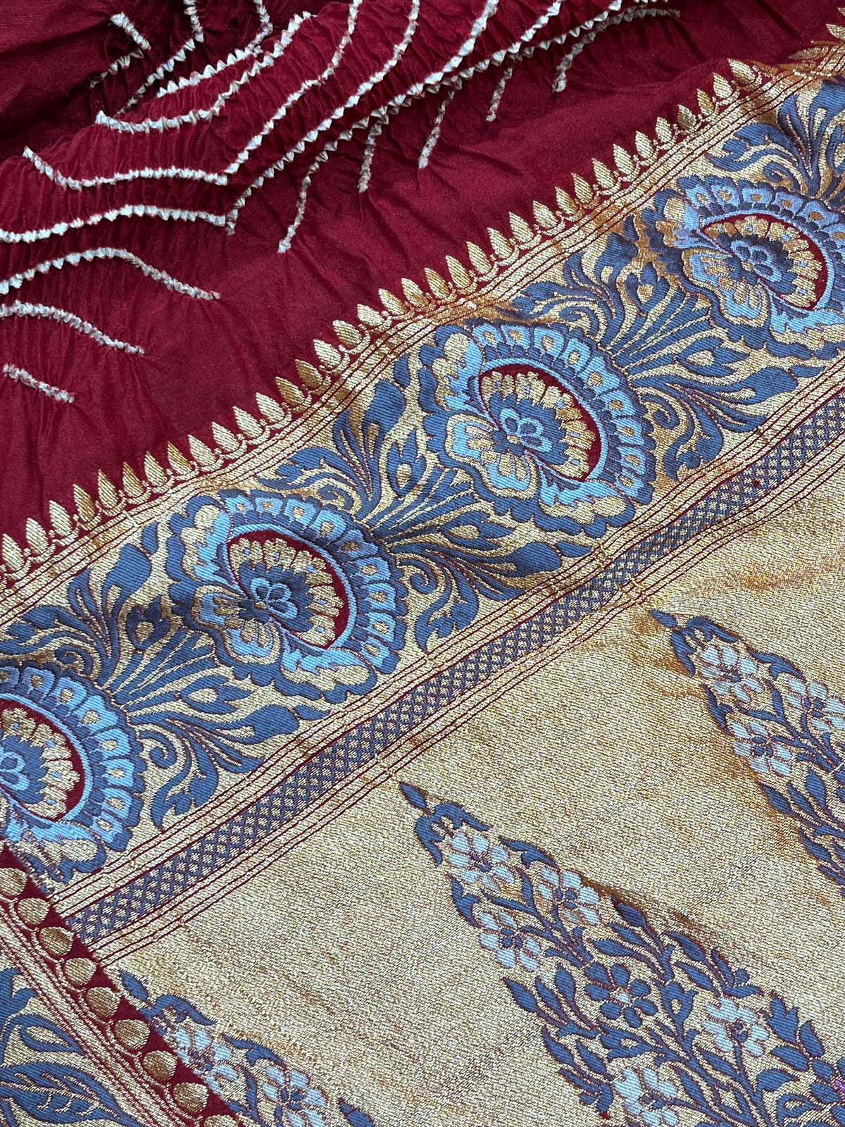 DEEP MAROON MOONGA SILK PURE HANDLOOM BANDHEJ SAREE