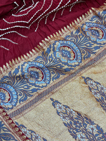 DEEP MAROON MOONGA SILK PURE HANDLOOM BANDHEJ SAREE