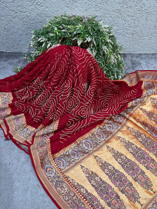 DEEP MAROON MOONGA SILK PURE HANDLOOM BANDHEJ SAREE