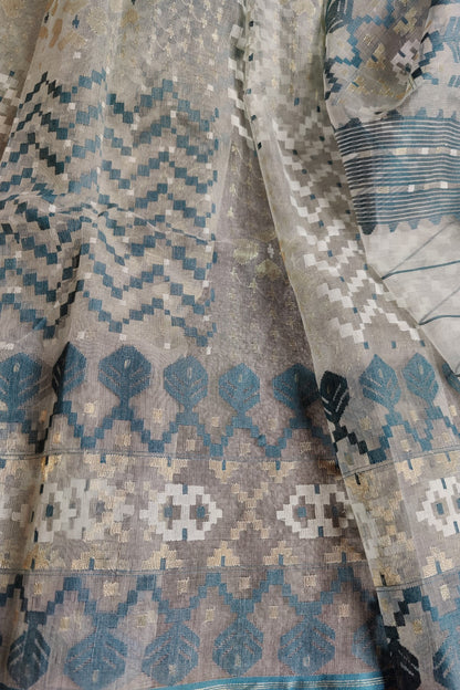 LIGHT GREY PURE HANDLOOM DHAKAI JAMDANI REAL JARI SAREE