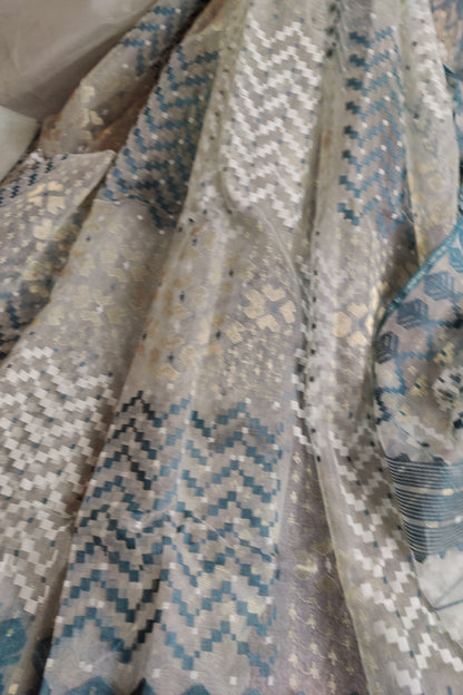 LIGHT GREY PURE HANDLOOM DHAKAI JAMDANI REAL JARI SAREE