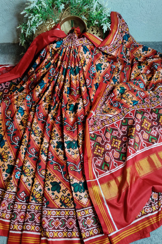 RED AND PEACH PURE SILK HANDLOOM PATAN PATOLA SAREE
