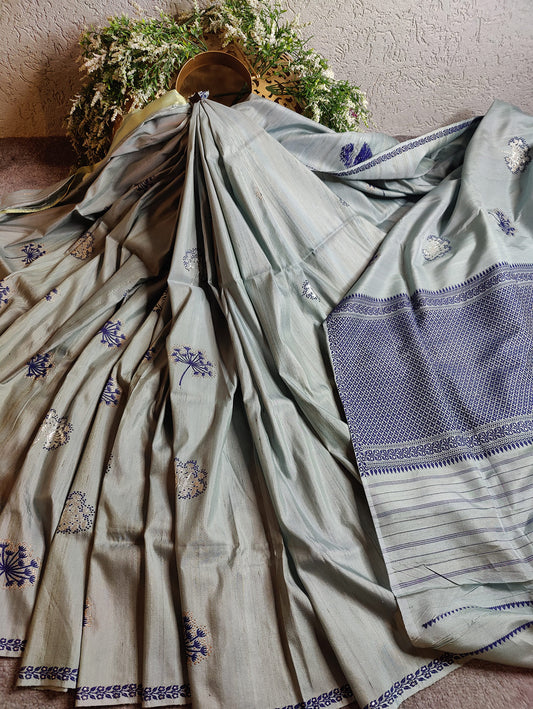 GREY PURE TUSSAR HANDLOOM BANARASI SAREE