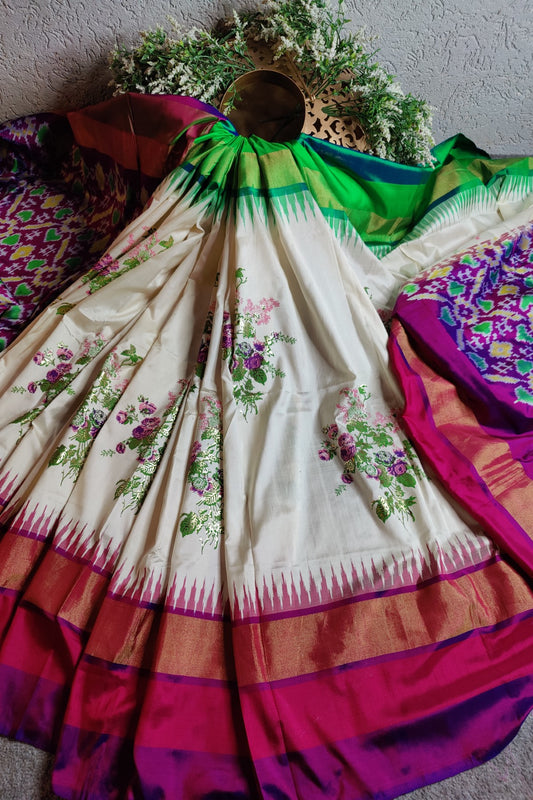 OFF WHITE PURE SILK HANDLOOM IKKAT SAREE