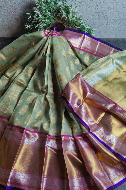 PISTA GREEN KORA PURE HANDLOOM KANJIVARAM REAL ZARI SAREE
