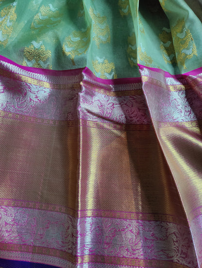 PISTA GREEN KORA PURE HANDLOOM KANJIVARAM REAL ZARI SAREE