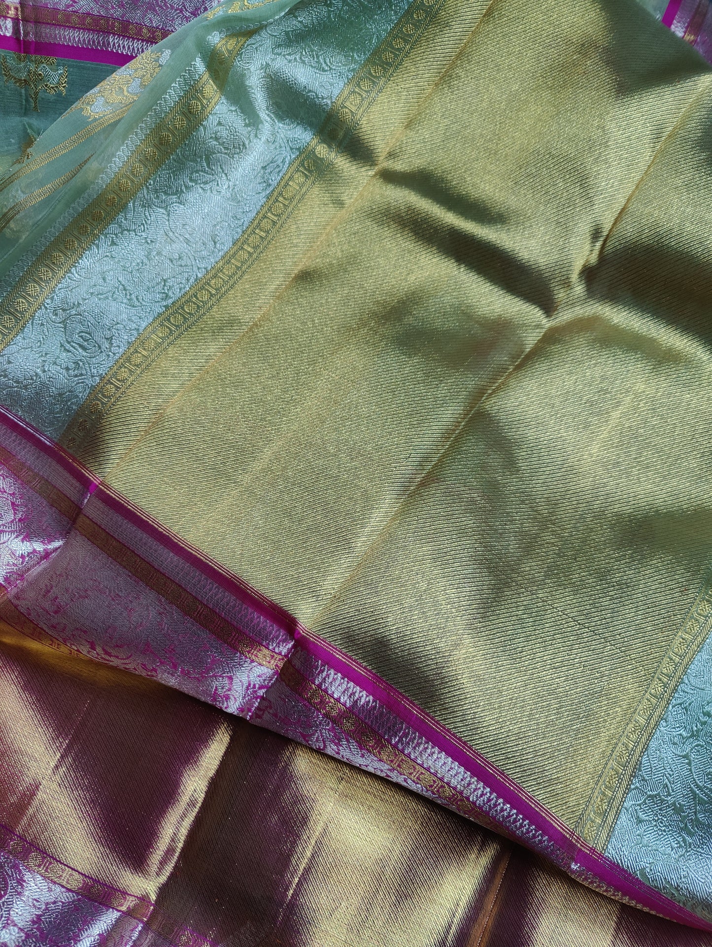 PISTA GREEN KORA PURE HANDLOOM KANJIVARAM REAL ZARI SAREE