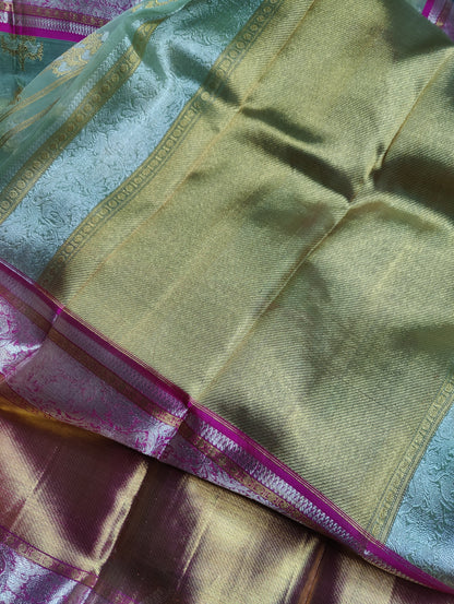 PISTA GREEN KORA PURE HANDLOOM KANJIVARAM REAL ZARI SAREE