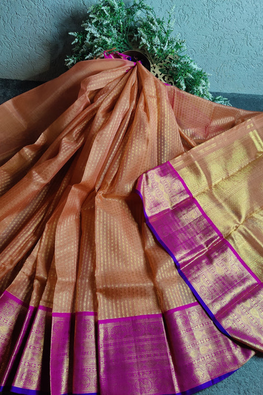 TWO TONE PEACH KORA PURE HANDLOOM KANJIVARAM SAREE