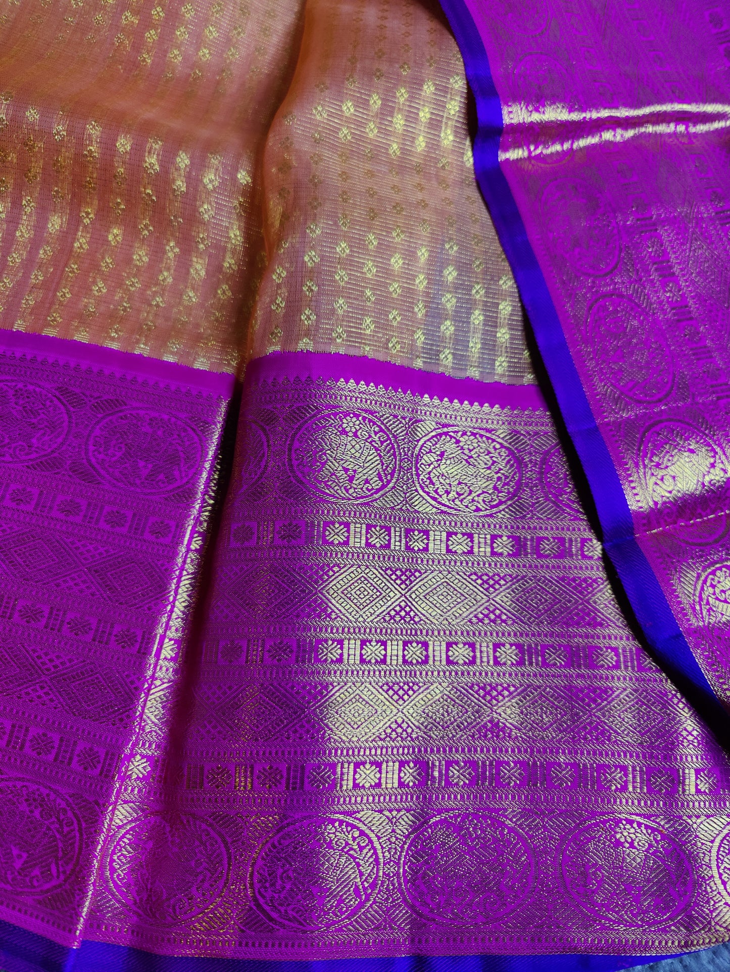 TWO TONE PEACH KORA PURE HANDLOOM KANJIVARAM SAREE