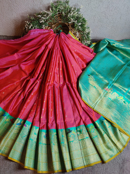 PEACH SILK PURE HANDLOOM GADWAL SAREE