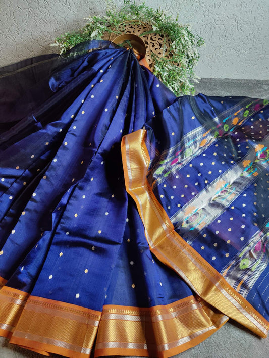 MIDNIGHT BLUE SILK PURE HANDLOOM CHANDERI SAREE