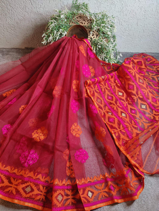 RED HALF SILK PURE HANDLOOM DHAKAI JAMDANI SAREE