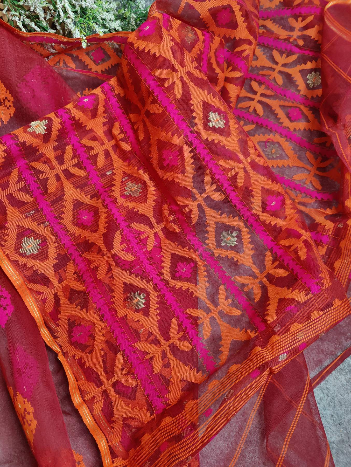 RED HALF SILK PURE HANDLOOM DHAKAI JAMDANI SAREE