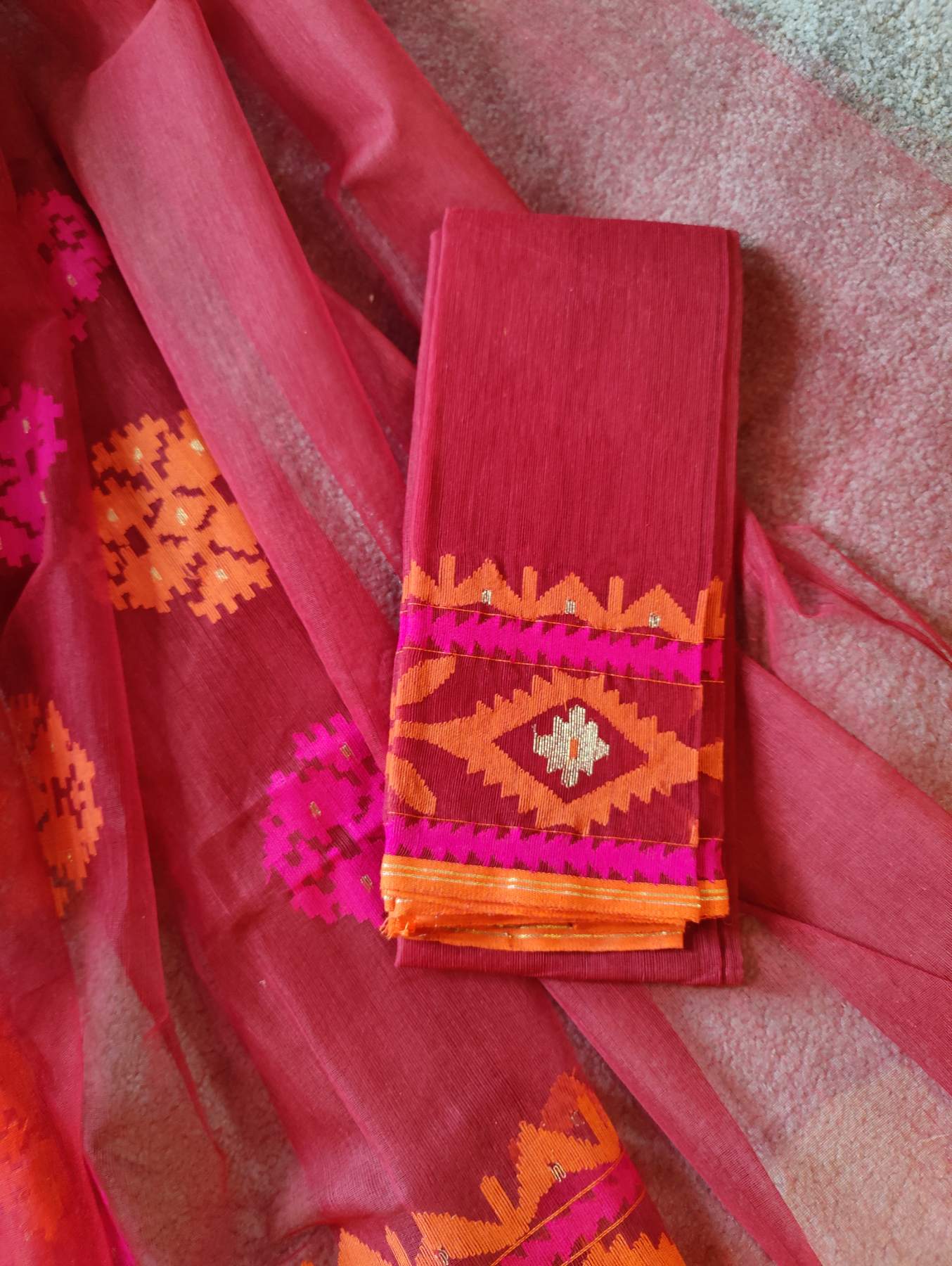 RED HALF SILK PURE HANDLOOM DHAKAI JAMDANI SAREE